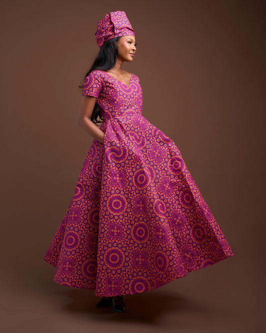 Pink Shweshwe Makoti Dress With Doek