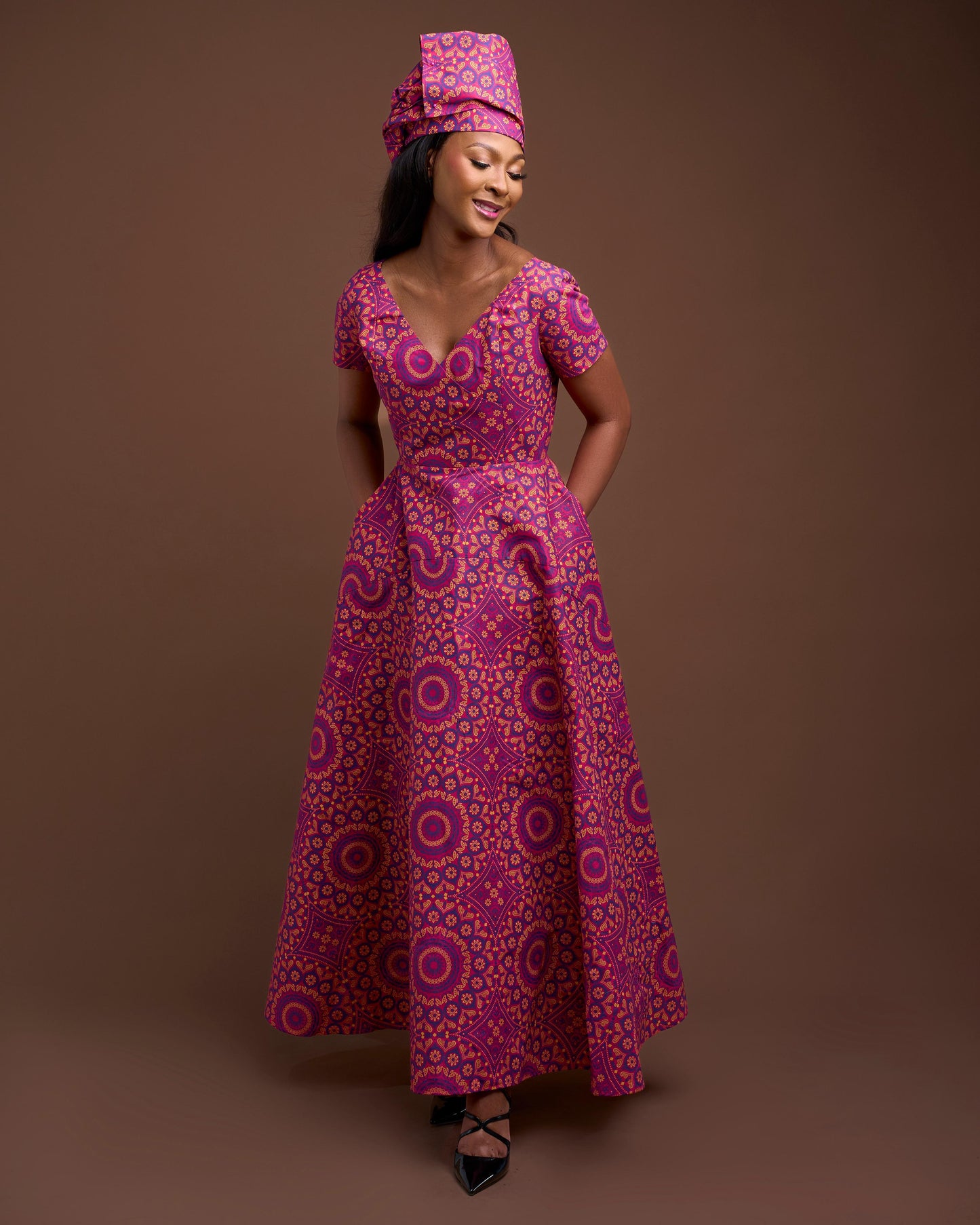 Pink Shweshwe Makoti Dress With Doek