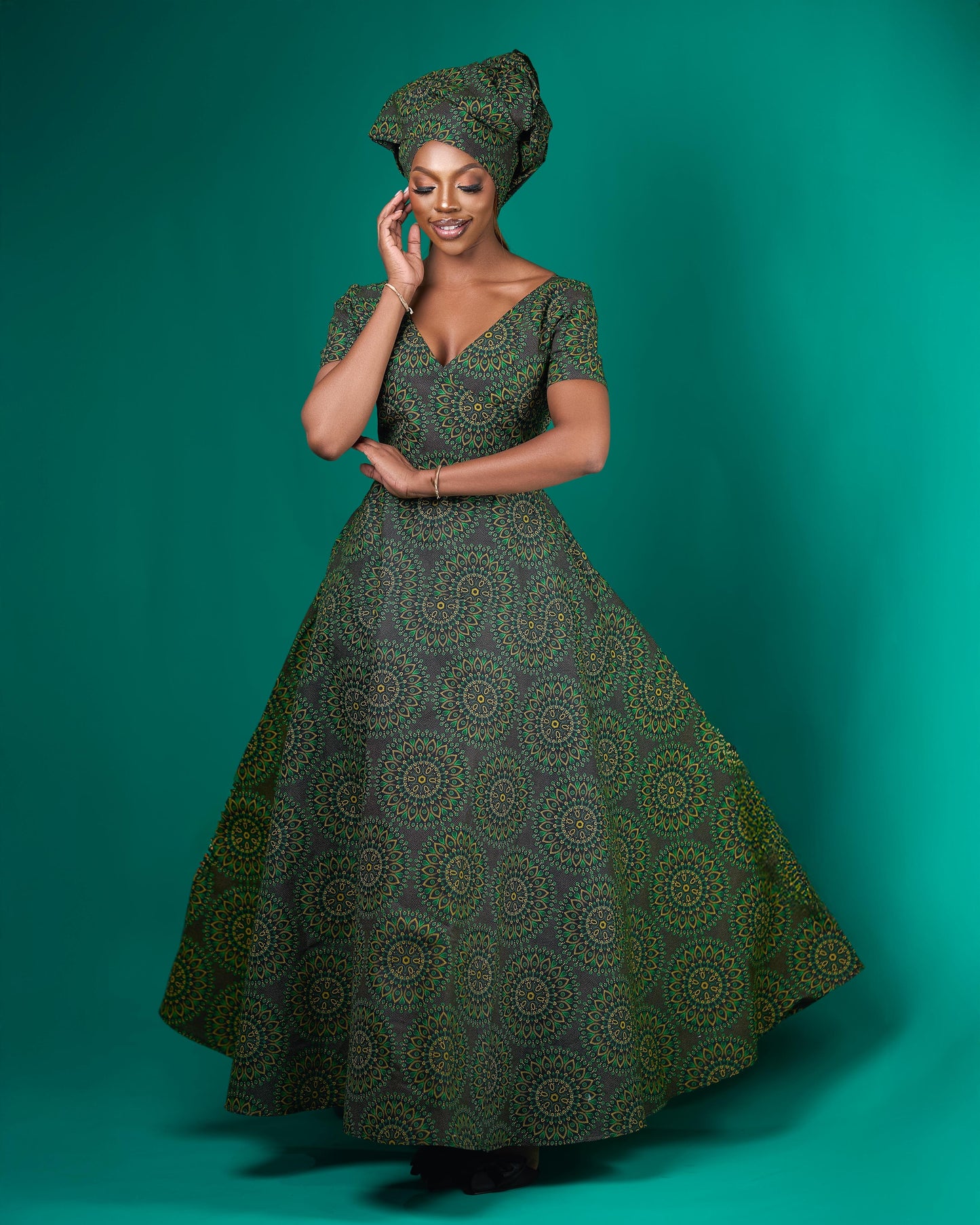 Green Shweshwe Maxi Dress + Doek