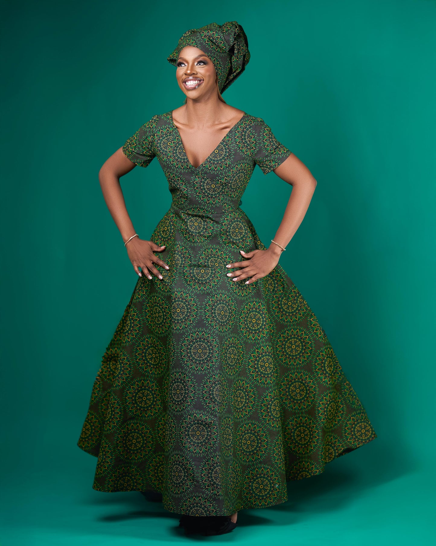 Green Shweshwe Maxi Dress + Doek