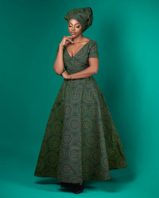 Green Shweshwe Maxi Dress + Doek