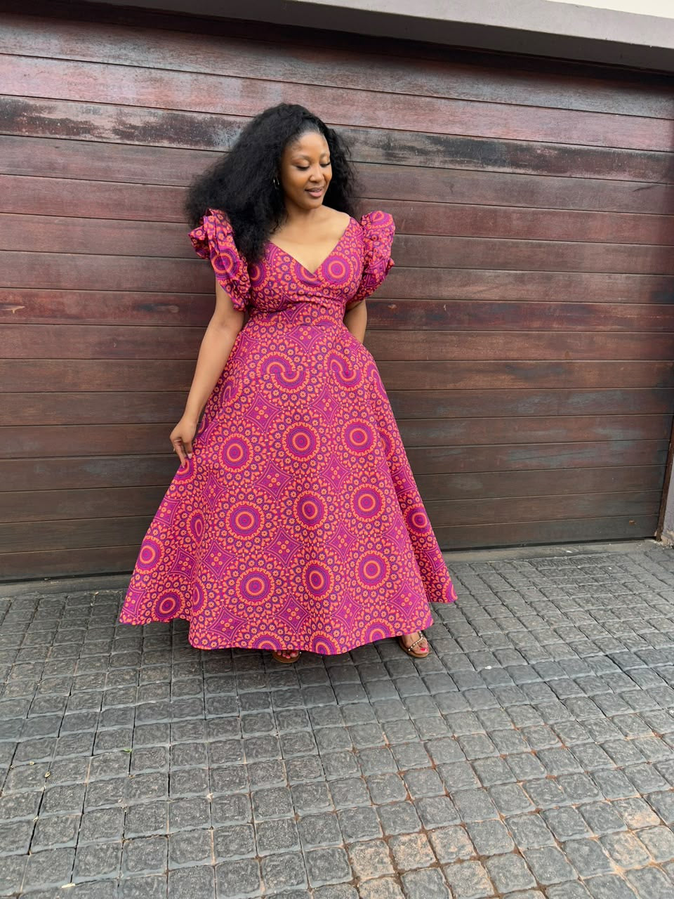 Pink Shweshwe Puff-Sleeve Dress With Doek