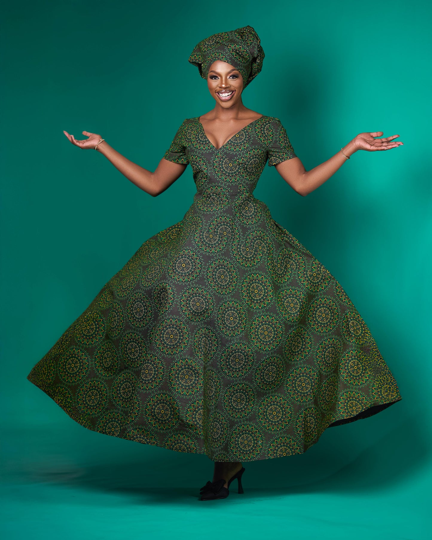 Green Shweshwe Maxi Dress + Doek