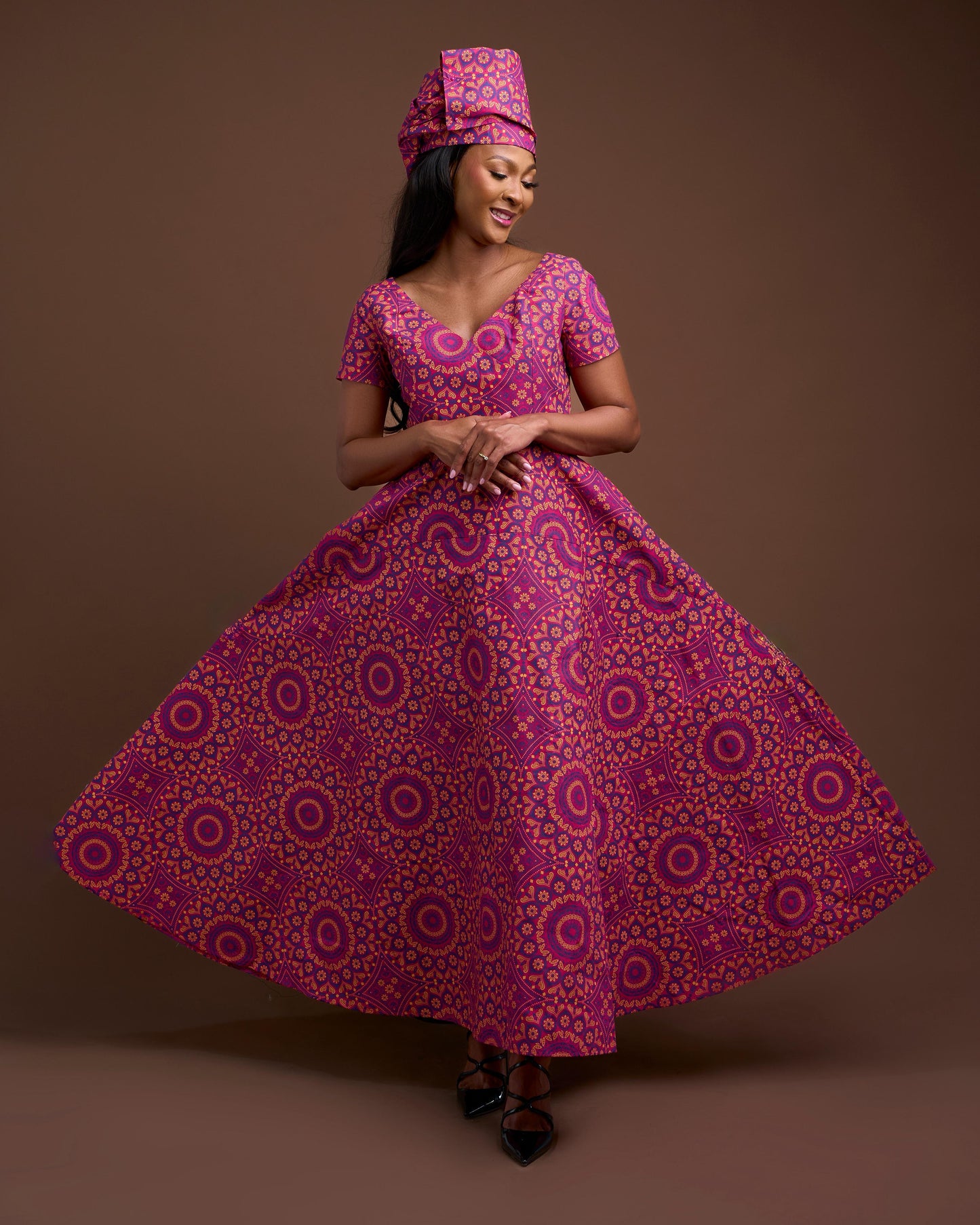 Pink Shweshwe Makoti Dress With Doek