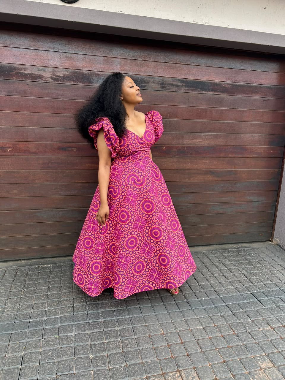 Pink Shweshwe Puff-Sleeve Dress With Doek