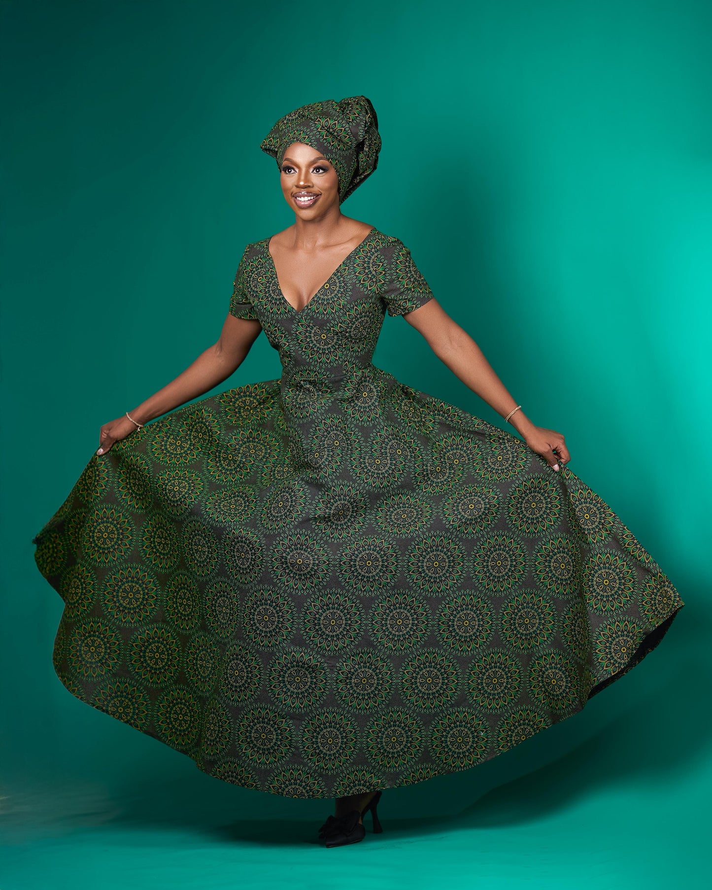 Green Shweshwe Maxi Dress + Doek