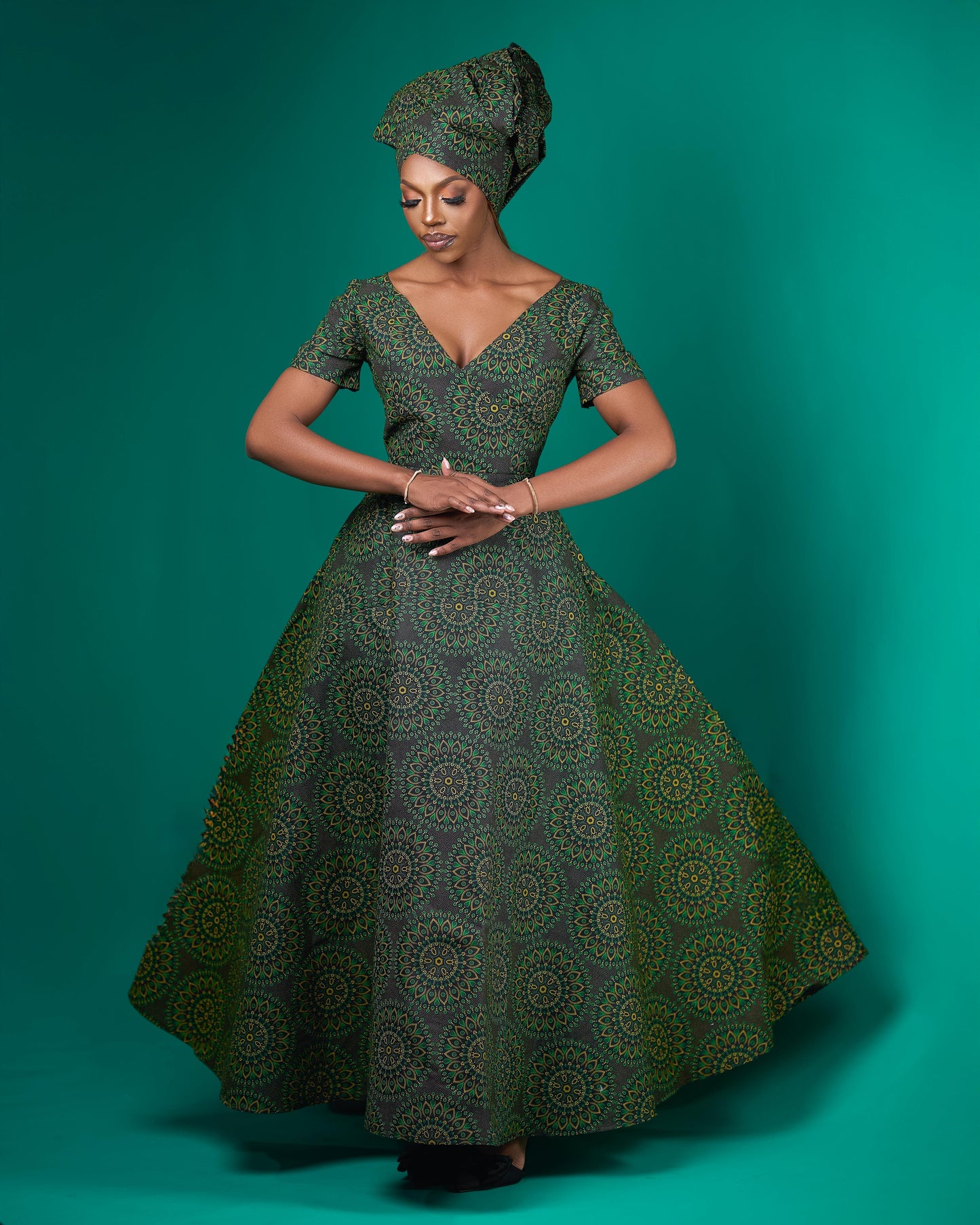 Green Shweshwe Maxi Dress + Doek